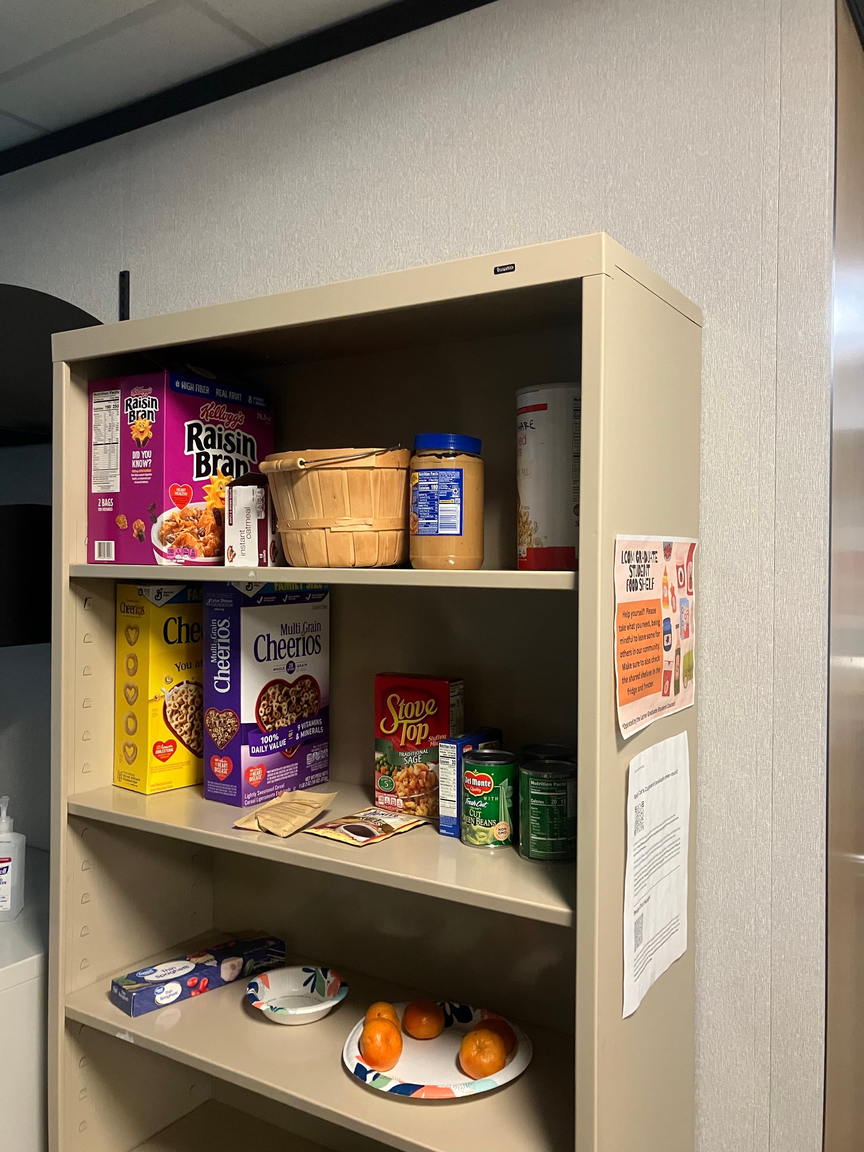 Pantry shelves stocked with cereal, peanut butter, canned vegetables, and fresh fruit